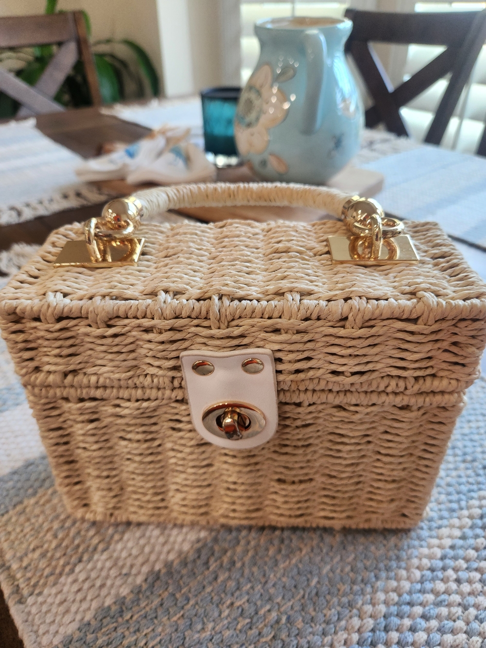 Vanity Handbag Rattan Box Purse Canvas Lined Top Handle Bag